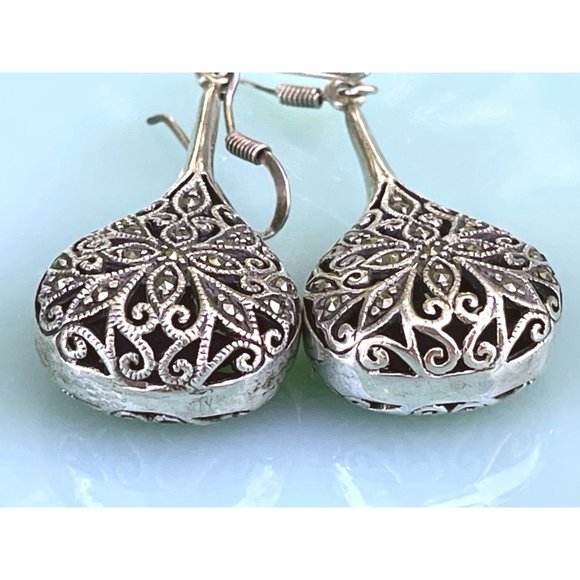 Vintage 925 Sliver Marcasite Tear Drop Dangle Earrings - Picture 8 of 14